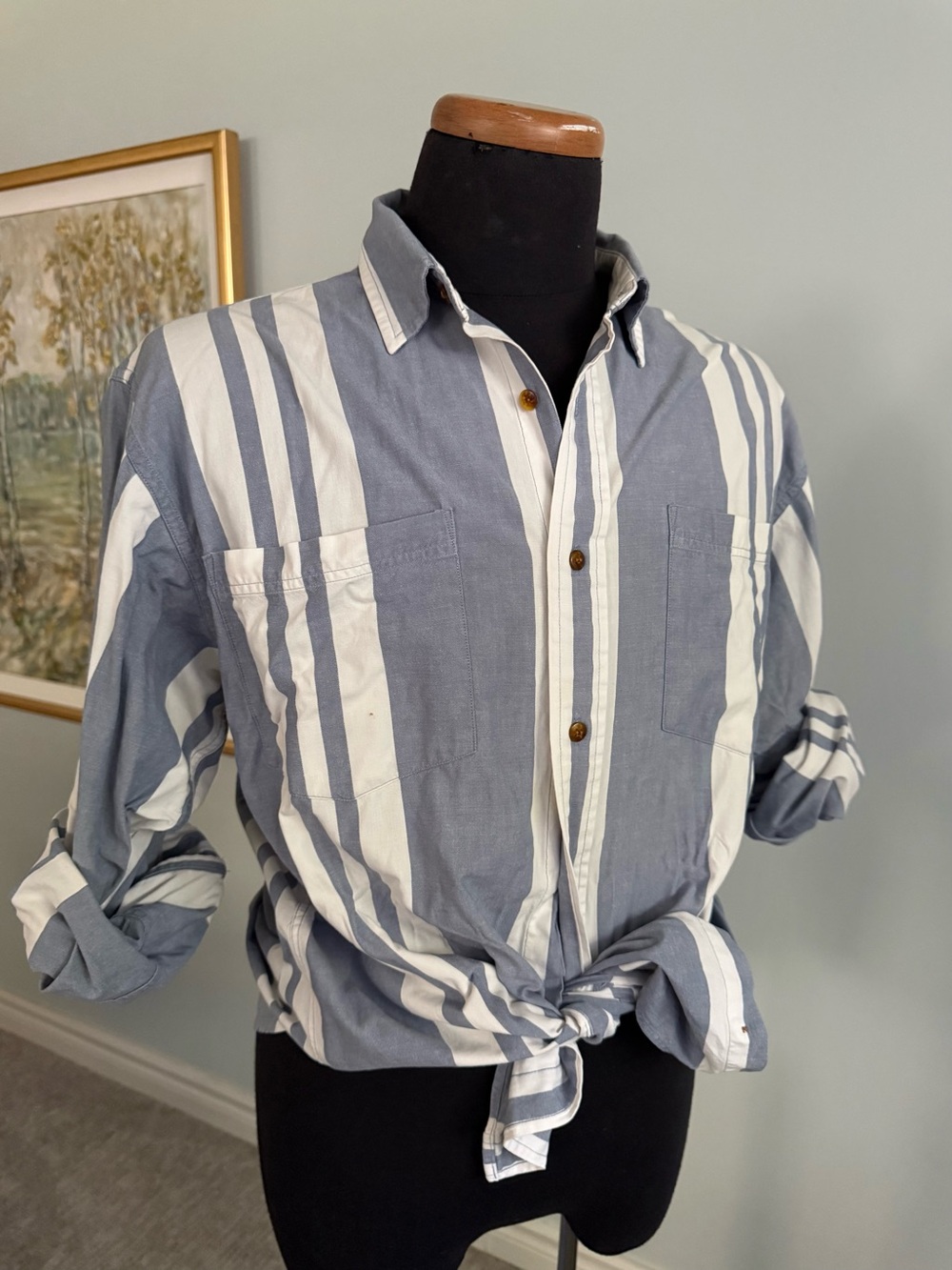 Vintage Northern Spirit Striped Button Up Shirt Blue White Cotton Coastal